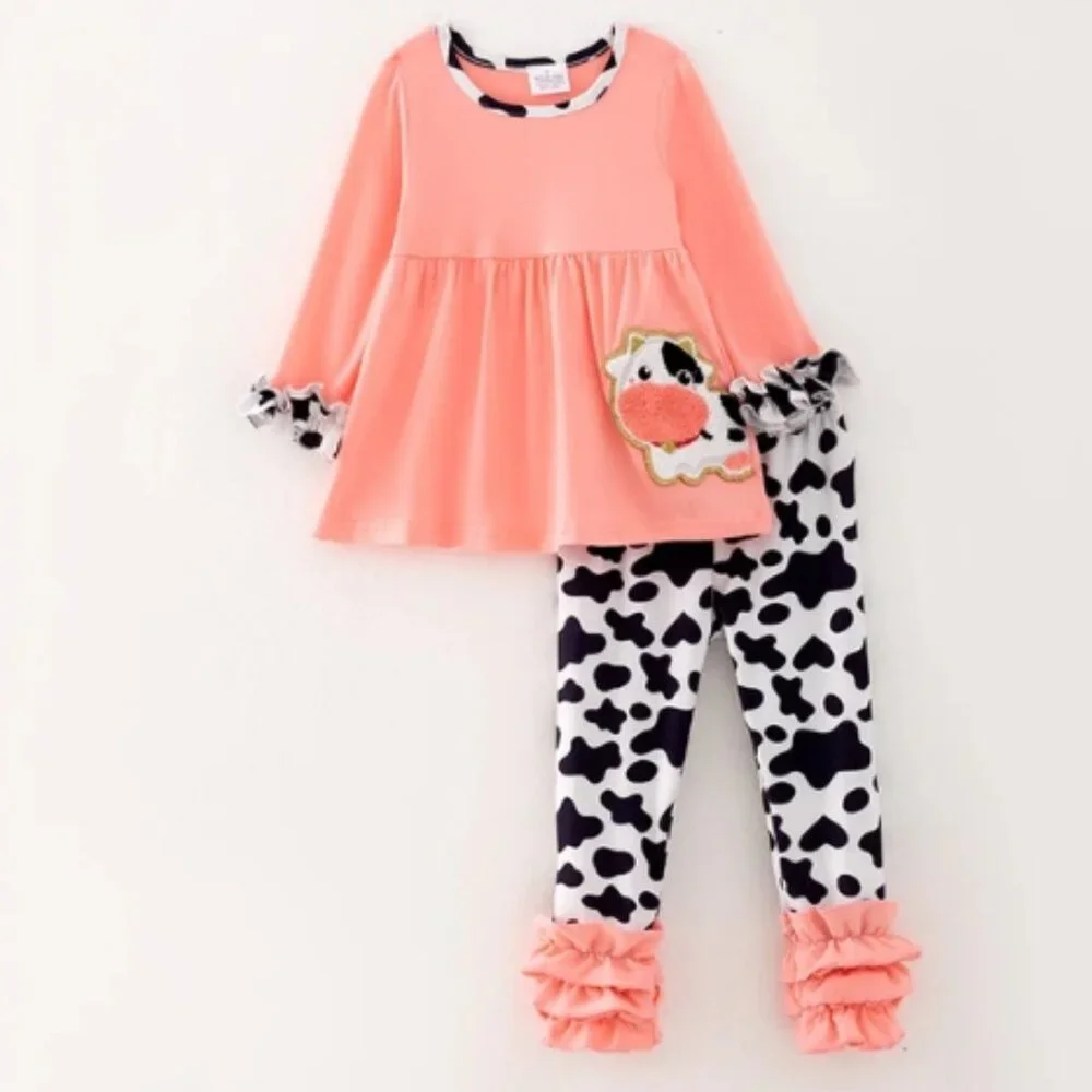 Boutique Cow Chenille Patch Tunic & Ruffle Leggings Girls Outfit Set